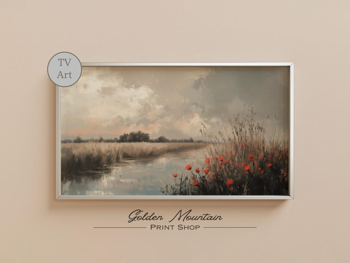 Neutral Red Wildflower Tv Art Spring Tv Art Landscape Painting Farmhouse Tv Art Spring Decor Red Flower Tv Art Floral Art Countryside - Image 2