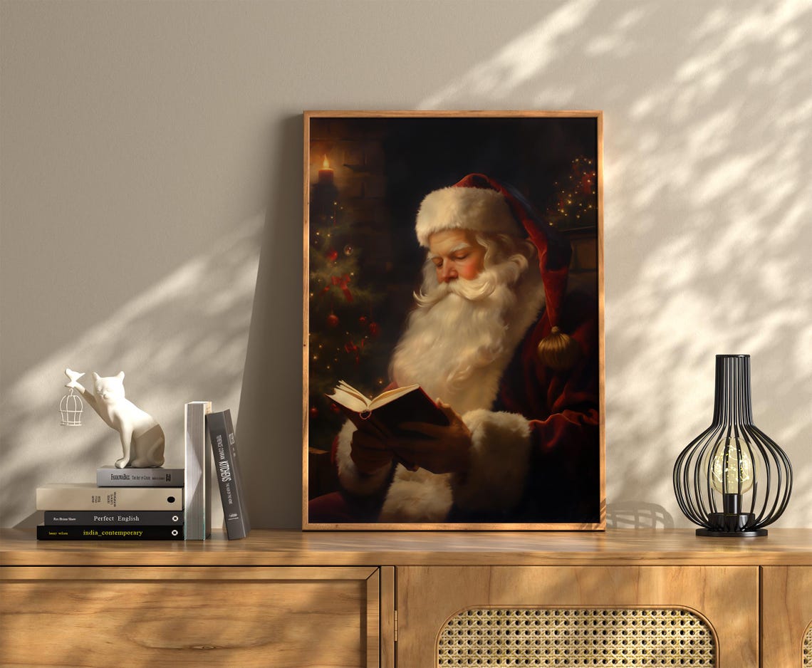 Santa Claus Reading Book Candlelight Christmas Eve Vintage Poster - Image 3