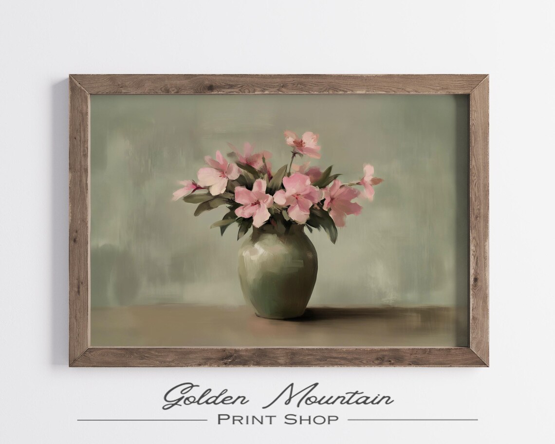 Pink Wildflowers in Green Vase Sage Still Life Painting Art Print - Image 3