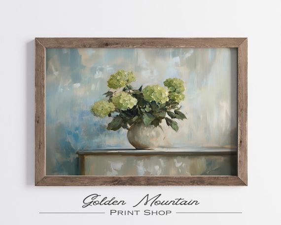 Lime Green Hydrangeas Pale Vase Soft Blue Floral Painting Print