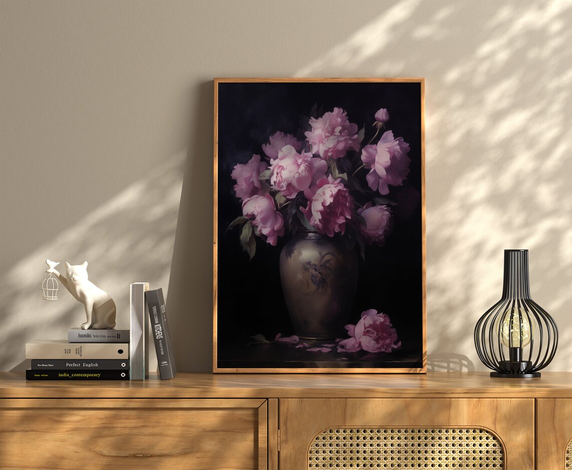 Moody Pink Peony Flower Art Print, Dark Academia - Image 3