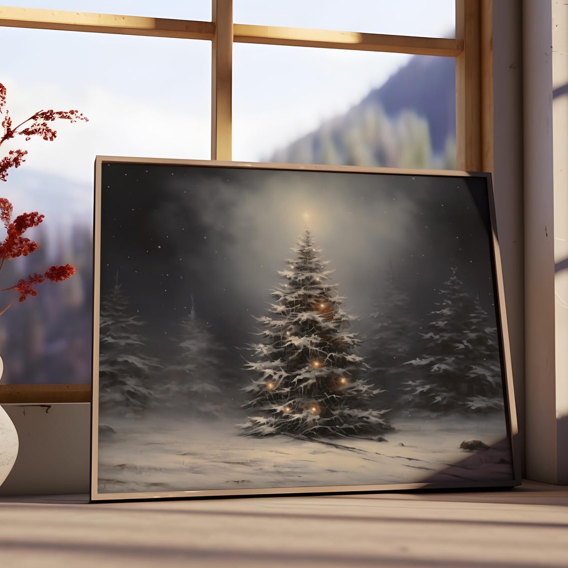 Snowy Christmas Tree With Warm Lights Night Forest Holiday Poster - Image 3
