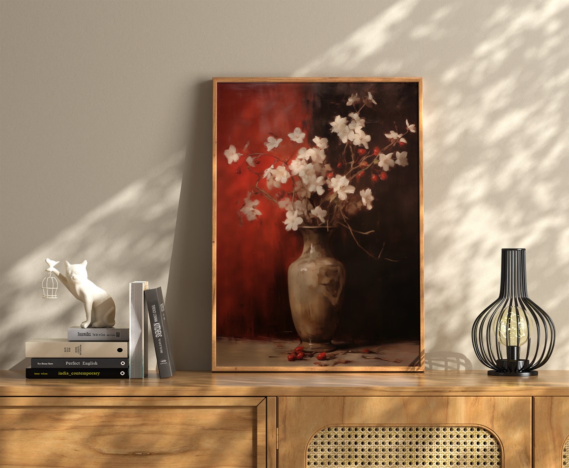 White Blossoms and Red Berries in Vase on Bold Red Background Poster - Image 3