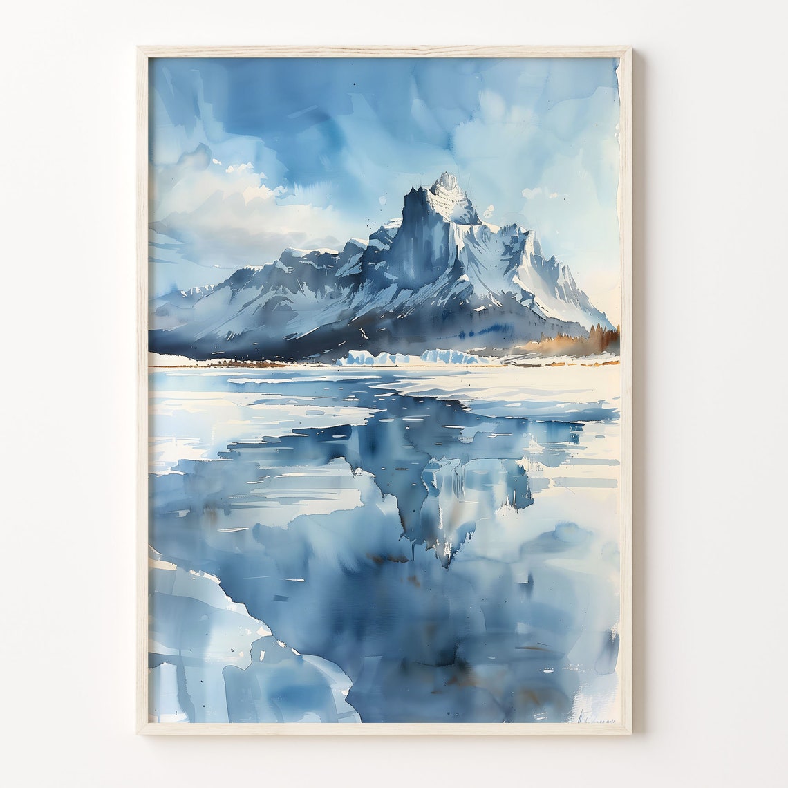 Snowy Mountain Peak Frozen Lake Reflection Blue Watercolor Print