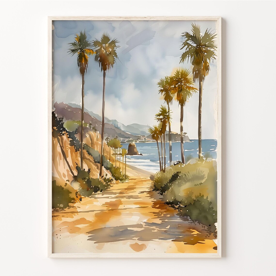 Huntington Beach California Palm Dunes Watercolor Painting Poster
