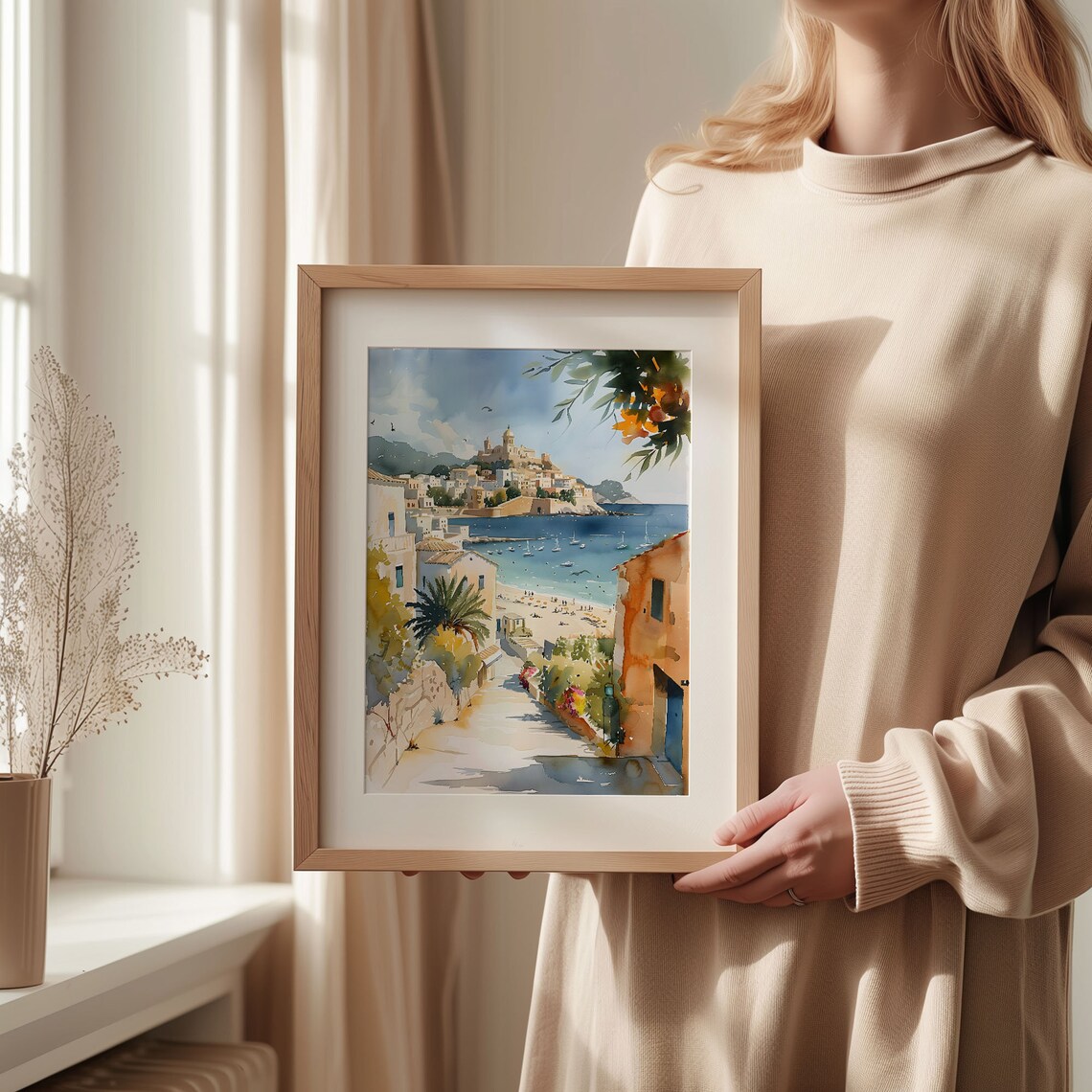 Ibiza Spain Old Town Hilltop Bay Sailing Boats Watercolor Poster - Image 2