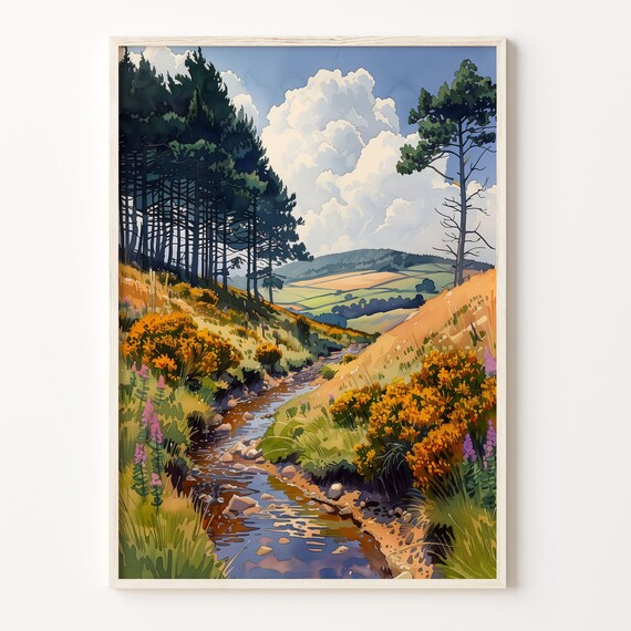 Exmoor Moorland Watercolor Poster Gorse Stream Pines Rolling Hills