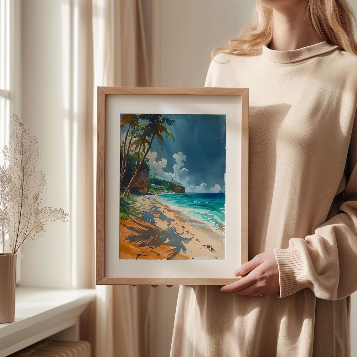 Cayman Islands Sandy Beach Palm Shade Turquoise Watercolor Poster - Image 2
