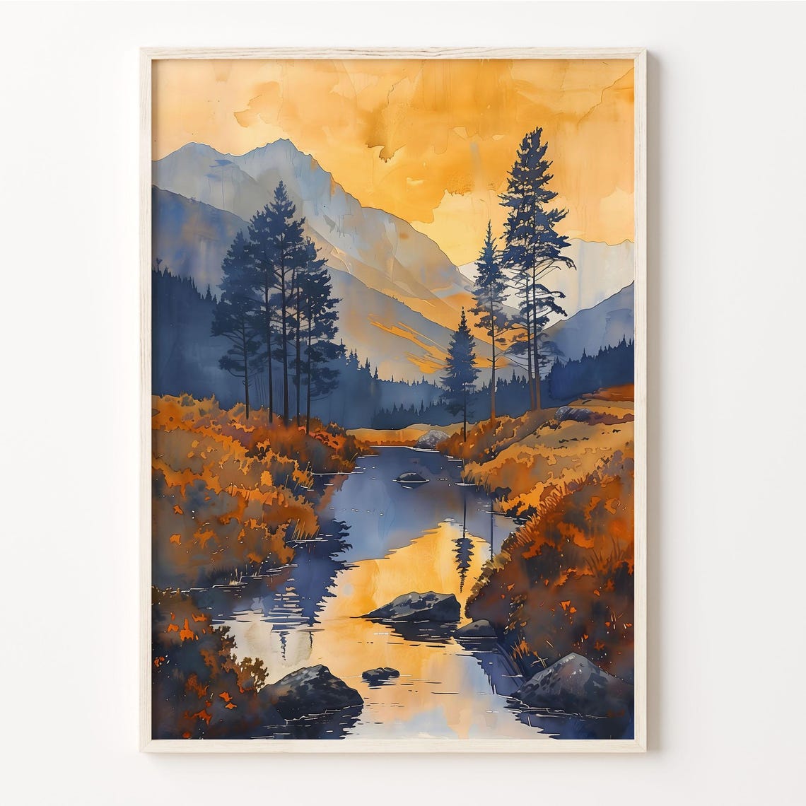 Wicklow Mountains Ireland Sunset Stream Pine Watercolor Travel Poster