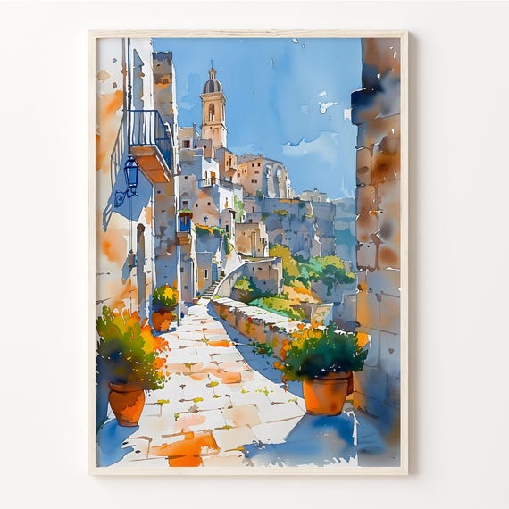 Matera Watercolor Painting, Italy Travel Poster