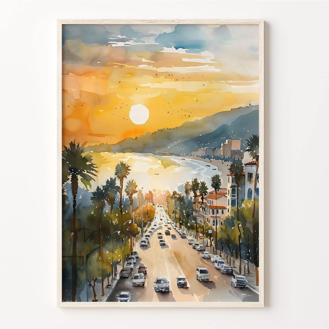 Santa Monica Watercolor Painting, California Travel Poster