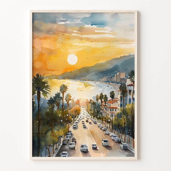 Santa Monica Watercolor Painting, California Travel Poster