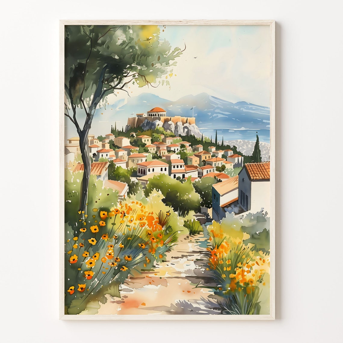 Athens Acropolis Parthenon Plaka Rooftops Watercolor Travel Poster