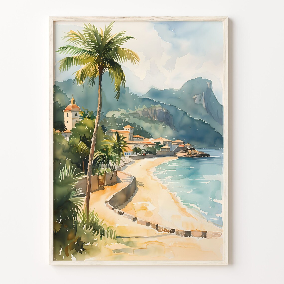 Martinique Beach Watercolor Poster Palm Trees Island Town Peaks