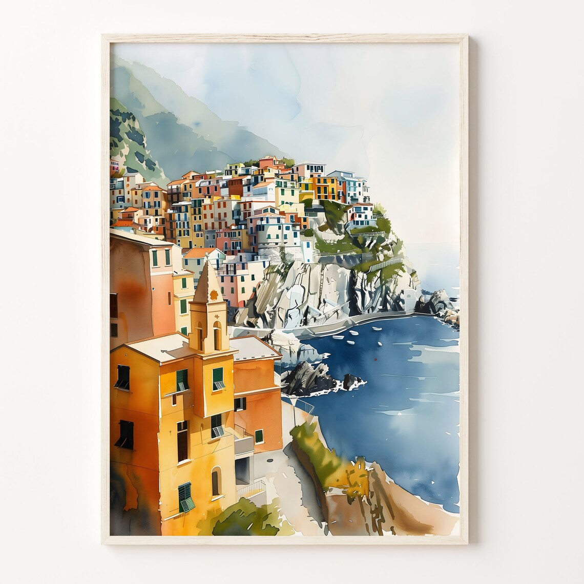 Cinque Terre Watercolor Art Print, Italy Coastal Village