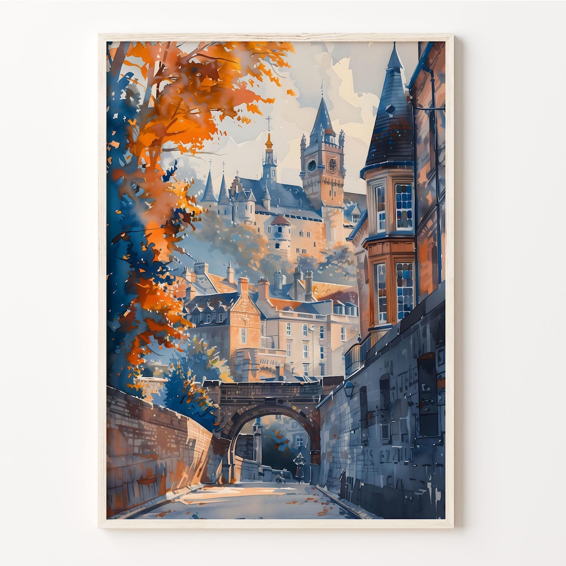 Bath England Historic Stone Street Autumn Watercolor Travel Poster