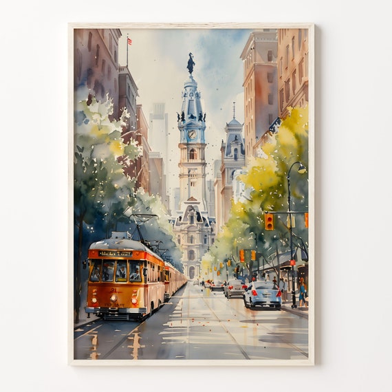 Philadelphia Watercolor Painting Travel Poster, USA