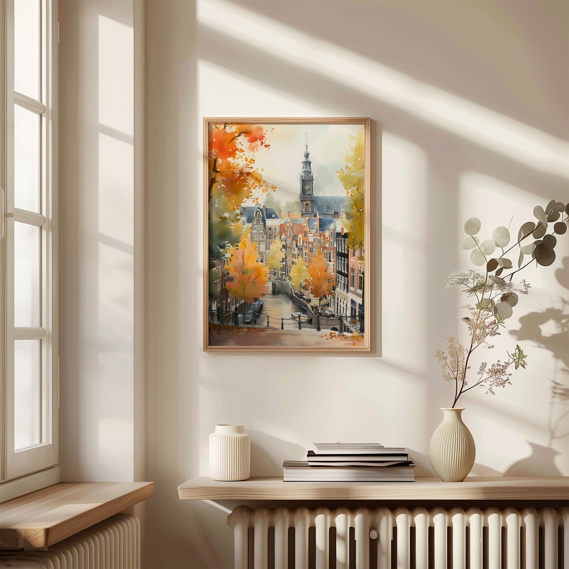 Amsterdam Charming Canal Autumn Church Tower Watercolor Poster - Image 4