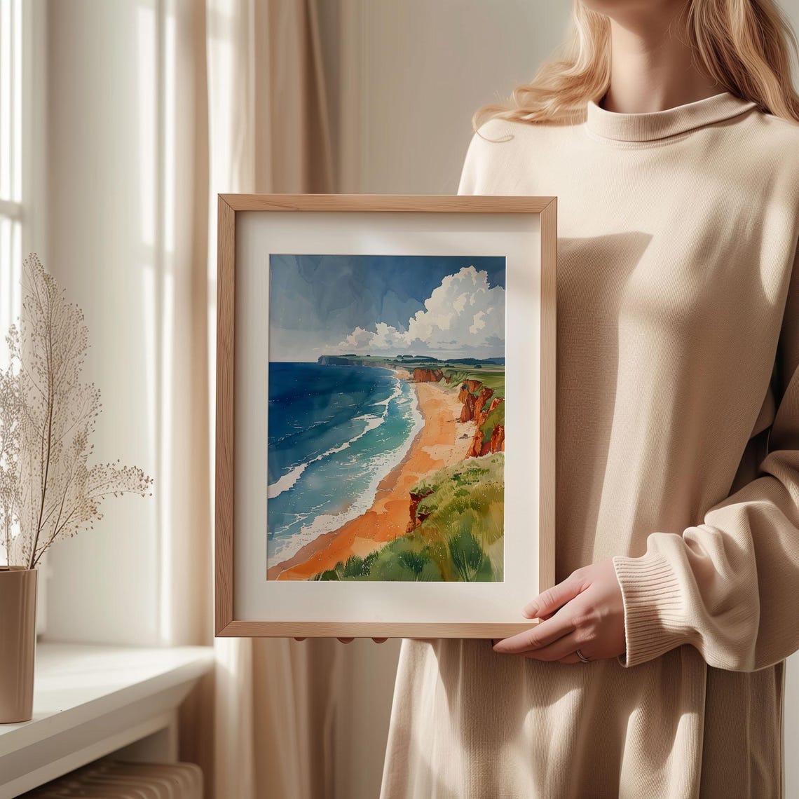 Northumberland Coast Red Cliffs Sandy Beach Waves Watercolor Poster - Image 2