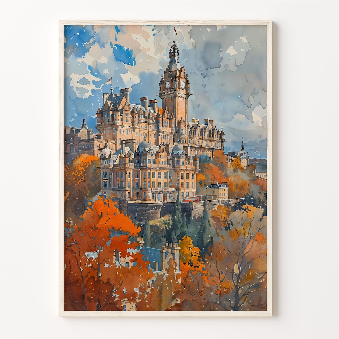 Edinburgh Scotland Balmoral Hotel Clock Tower Autumn Watercolor Poster