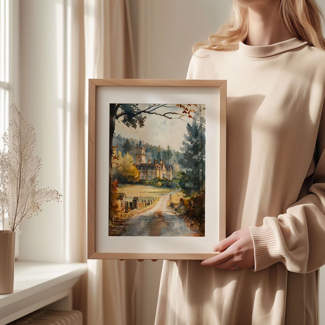 Goodwood English Country Estate Manor Autumn Watercolor Travel Poster - Image 2