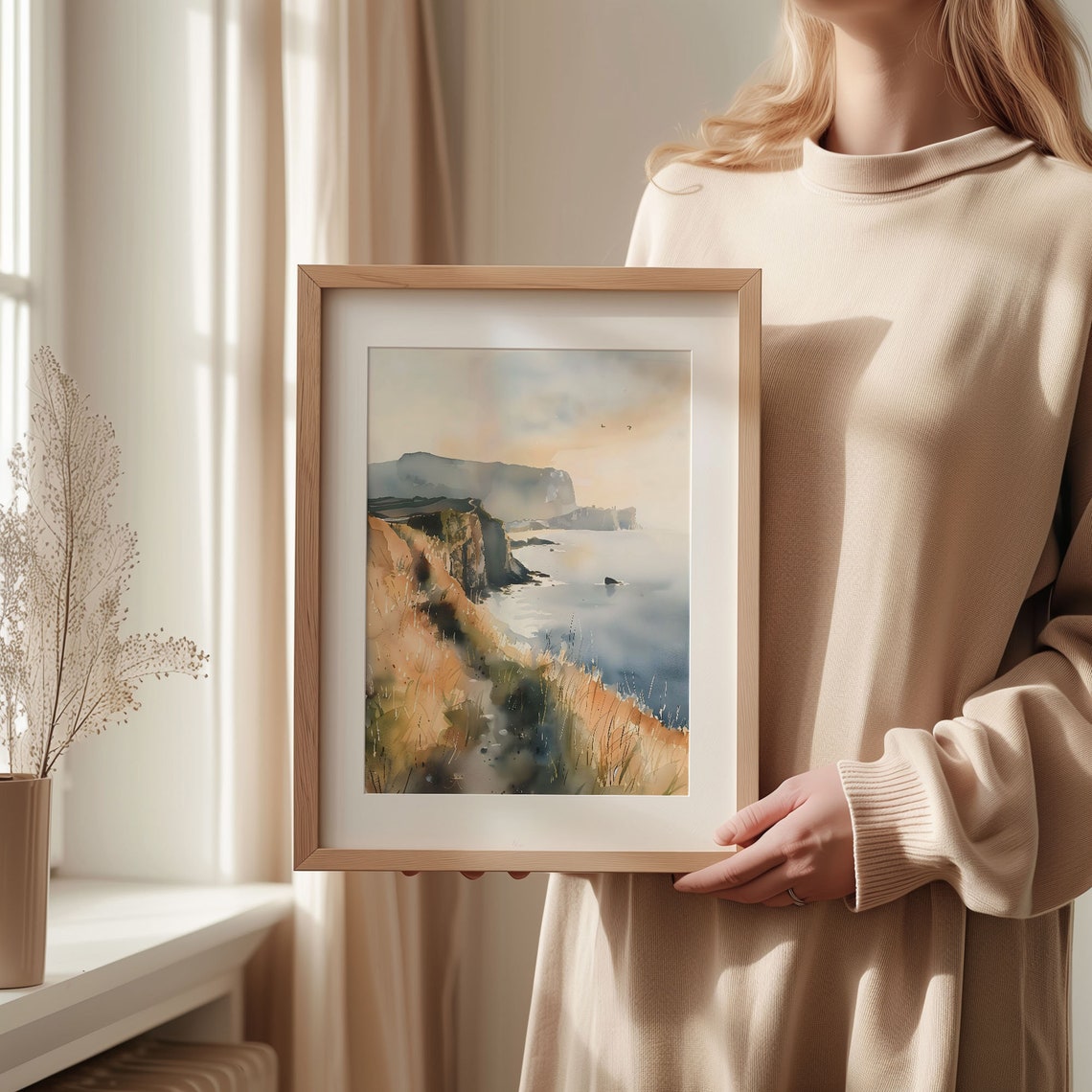 Lizard Point Cornwall Watercolor Poster Golden Cliffs Sea Grasses - Image 2