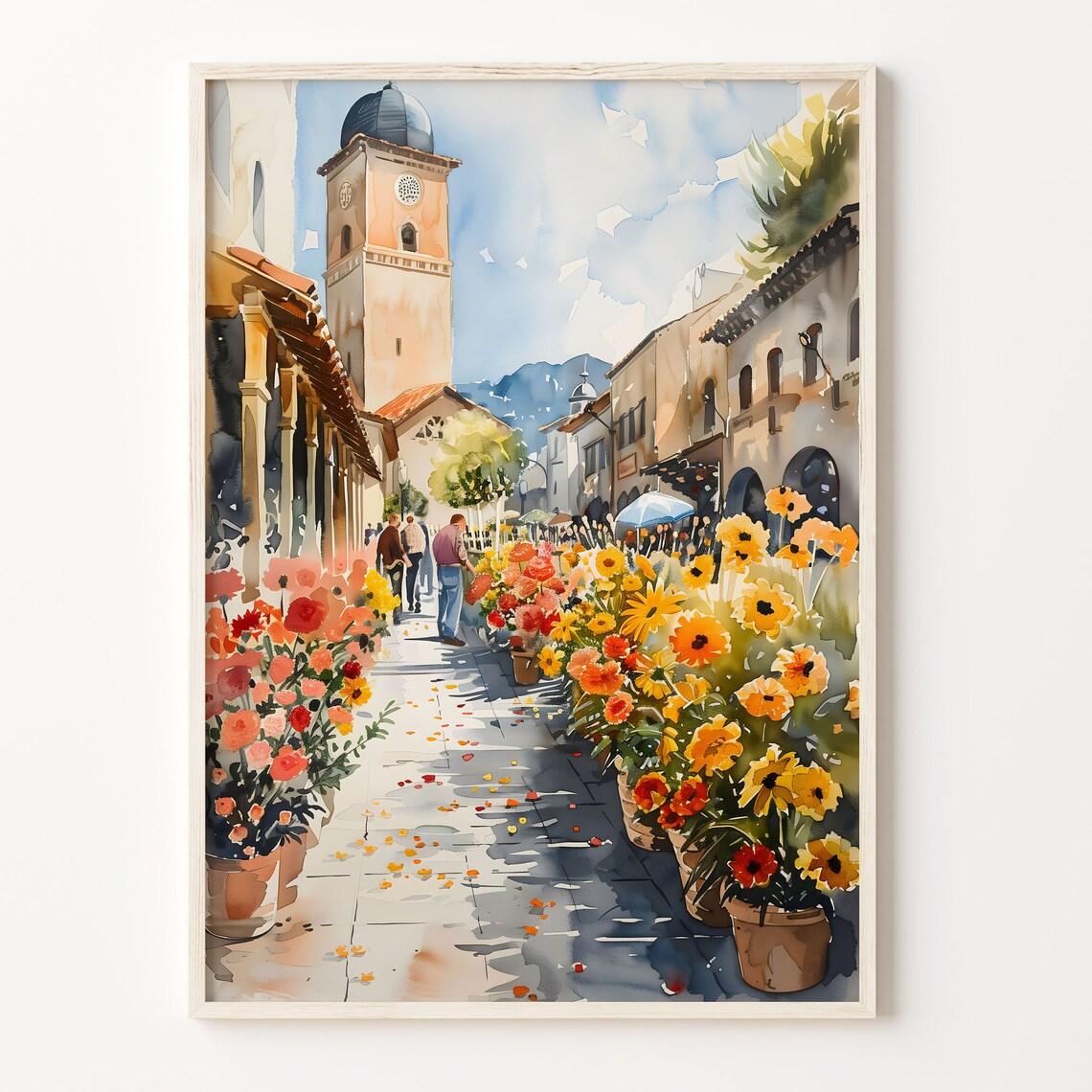 Sunny Flower Market Street Old Town Sunflowers Watercolor Poster