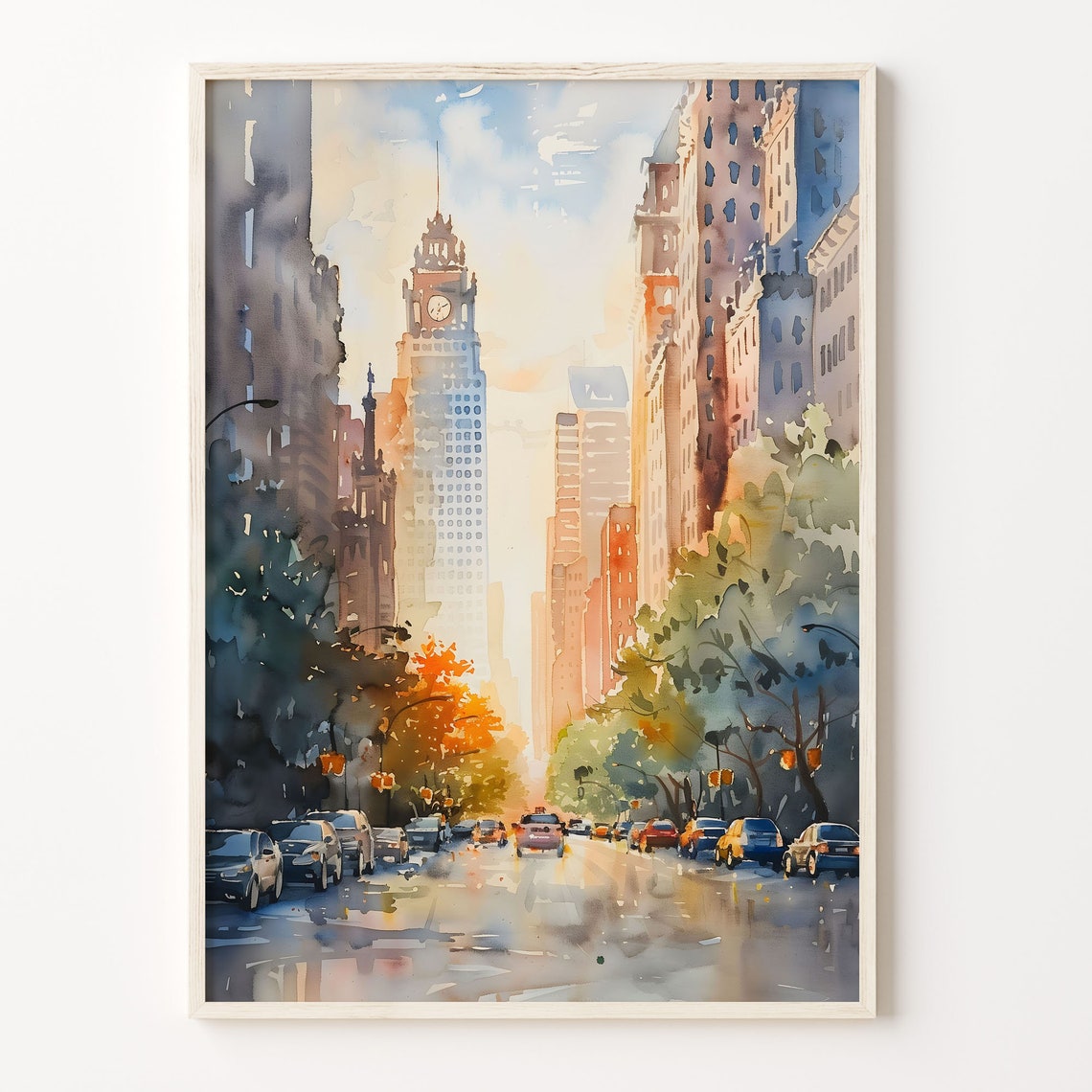 Houston Texas Watercolor Poster Downtown Street Clock Tower Glow