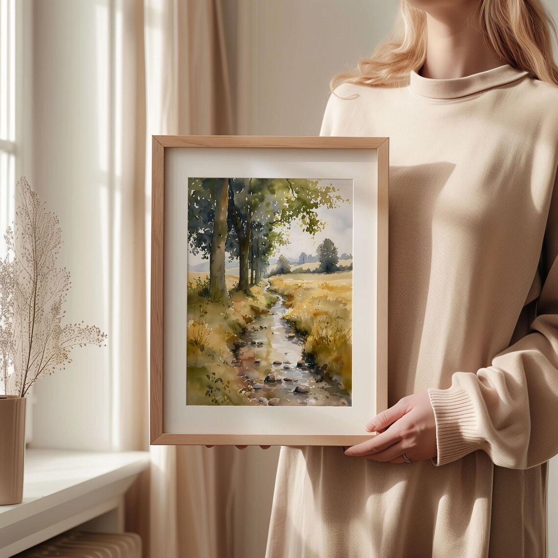 Northumberland Countryside Stream Golden Meadow Trees Watercolor Poster - Image 2
