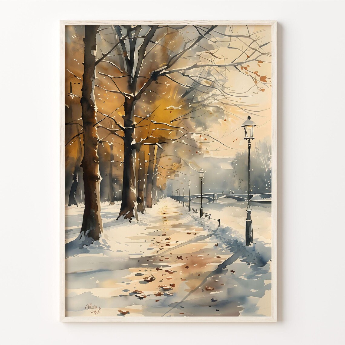 Battersea Park London Snowy Riverside Path Watercolor Winter Poster