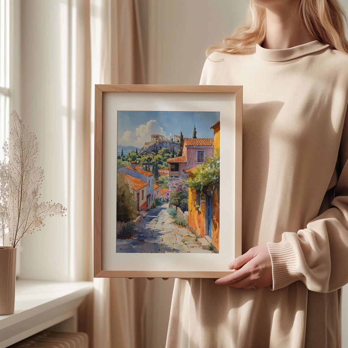 Athens Greece Plaka Lane Acropolis View Watercolor Travel Poster - Image 2