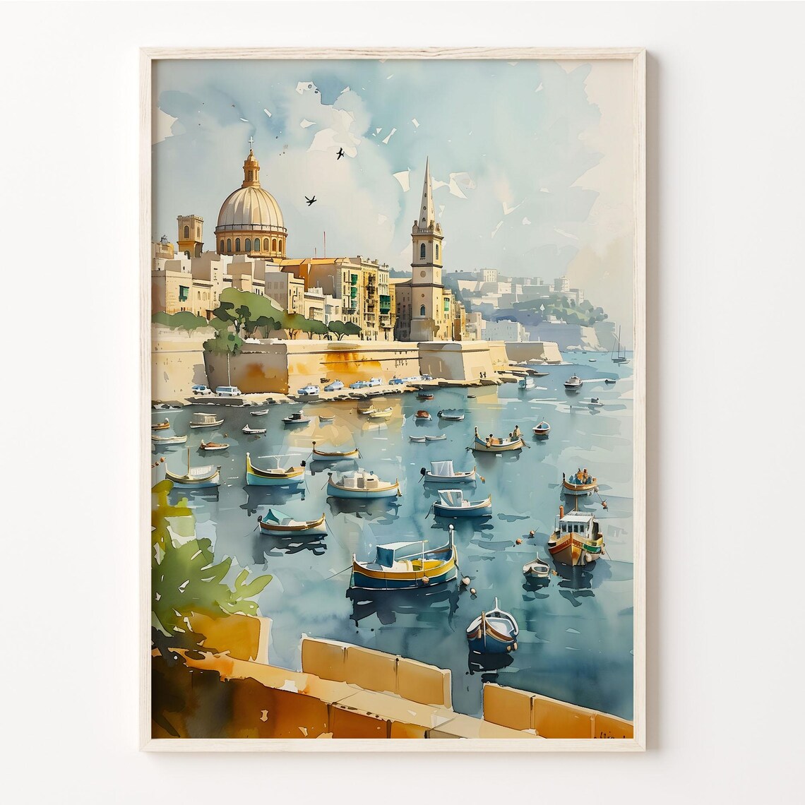 Valletta Watercolor Painting Malta Travel Poster