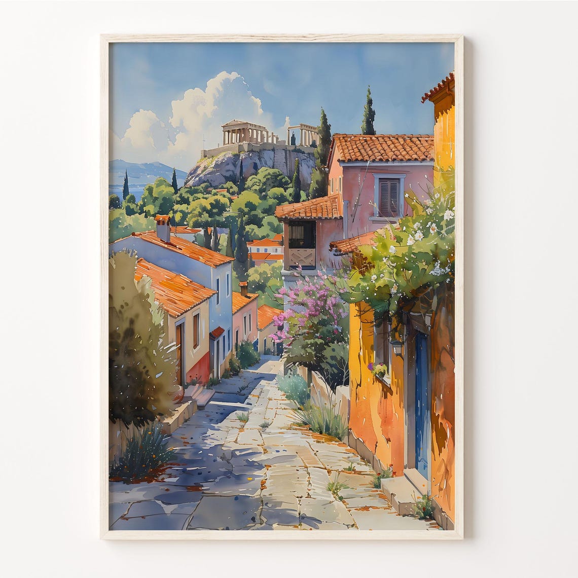 Athens Greece Plaka Lane Acropolis View Watercolor Travel Poster