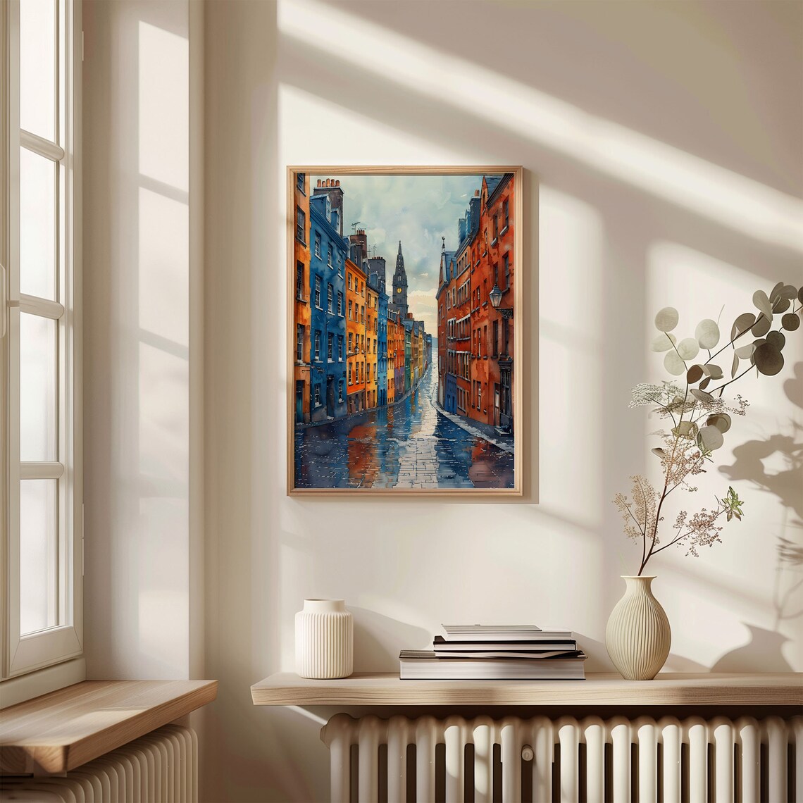 Dublin Street Watercolor Poster Colorful Houses Spire Wet Cobbles - Image 4