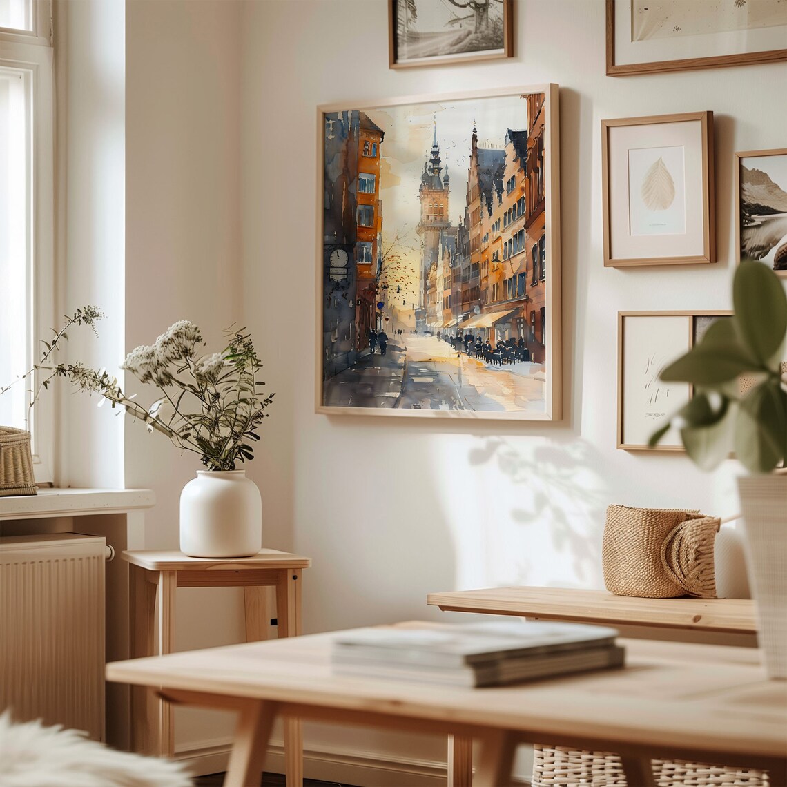 Hamburg Germany Golden Old Street Clock Tower Watercolor Poster - Image 3