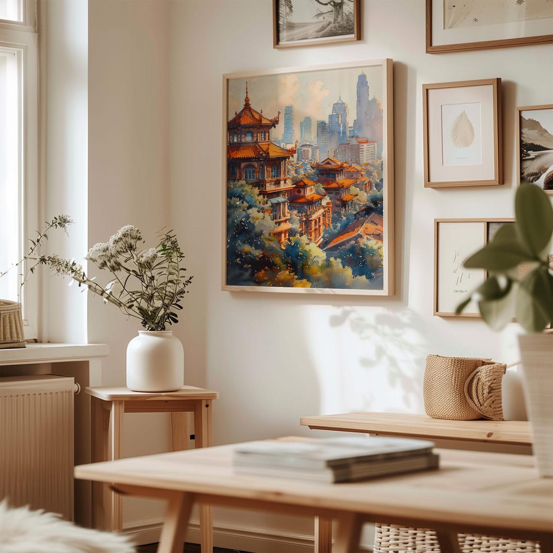 Bangkok Thai Temple Rooftops Skyline Watercolor Painting Poster - Image 3