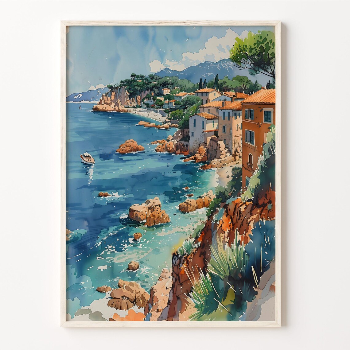 Cote dAzur French Riviera Coastal Cove Watercolor Painting Poster