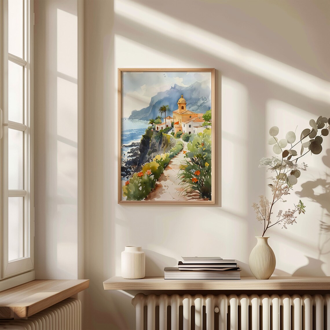 Tenerife Spain Sunny Cliffside Coastal Village Watercolor Poster - Image 4