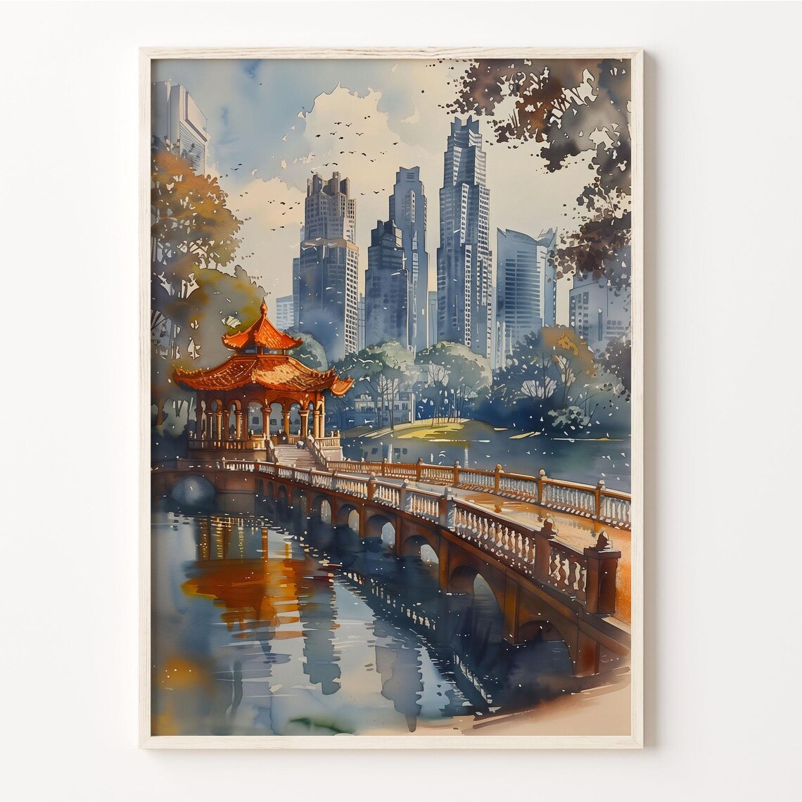 Singapore Skyline Chinese Pagoda Bridge Skyscrapers Watercolor Poster