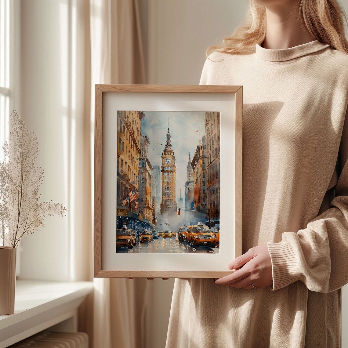 New York City Clock Tower Avenue Yellow Cabs Watercolor Travel Poster - Image 2