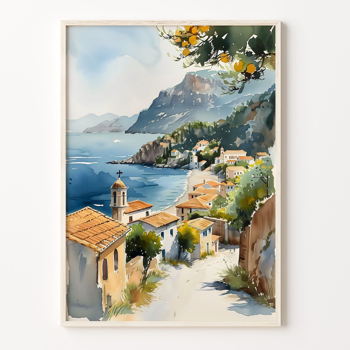 Kefalonia Greece Coastal Village Church Sea Watercolor Poster