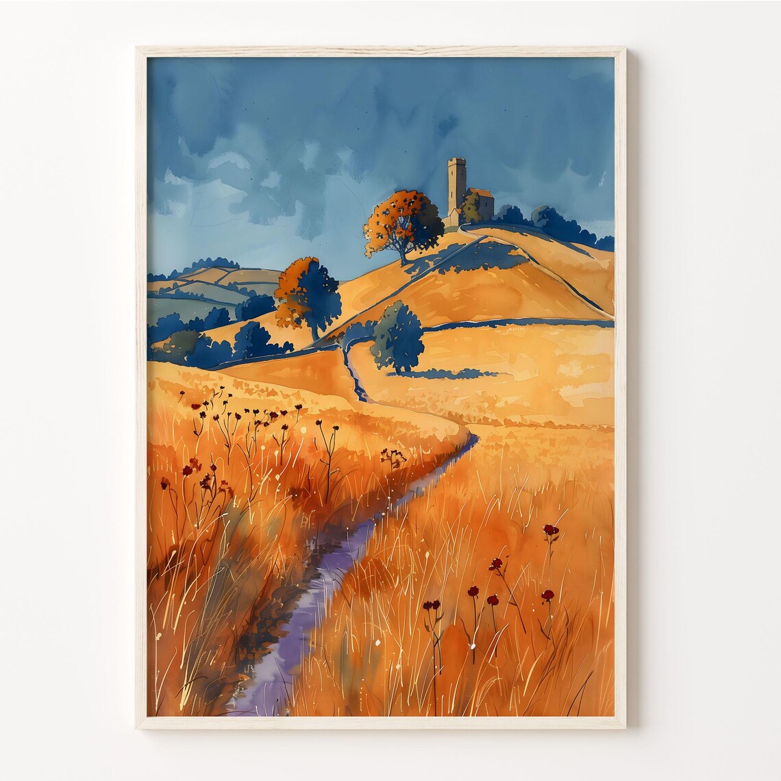 Glastonbury Tor Watercolor Painting Art Print, England