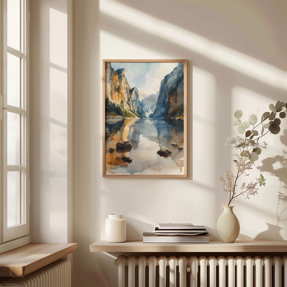 Norway Fjord Steep Cliffs Calm Mirror Lake Watercolor Travel Poster - Image 4