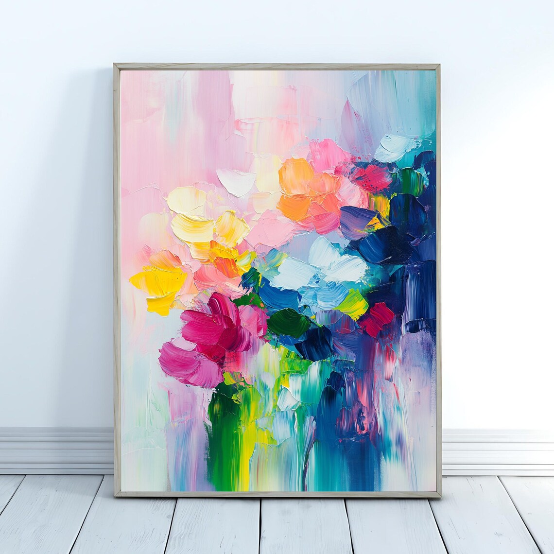 Abstract Flower Bouquet Impasto Pink Yellow Teal Dopamine Art Poster