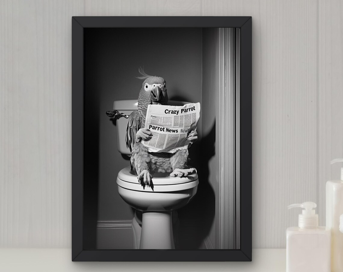 Grey Parrot Reading a Newspaper on the Toilet Funny Bathroom Poster