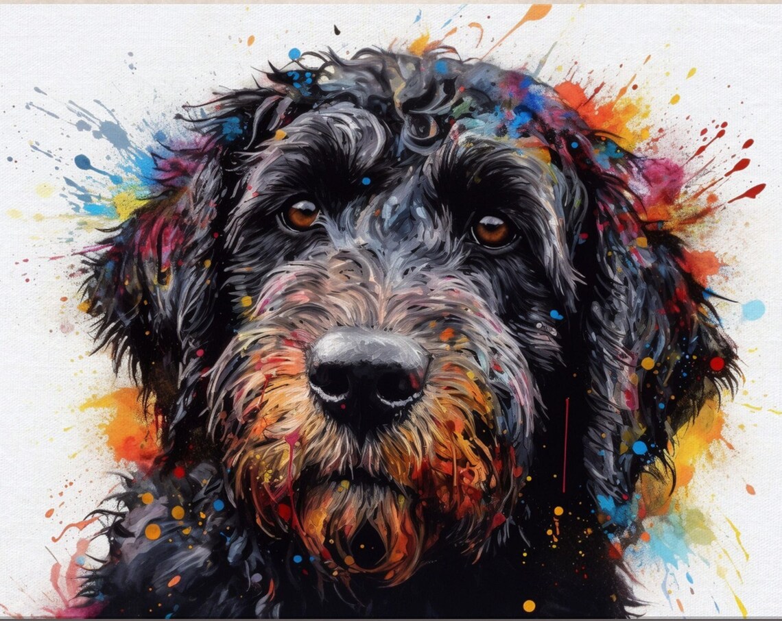 Black Doodle Dog Portrait With Bold Paint Splash Background Art Poster