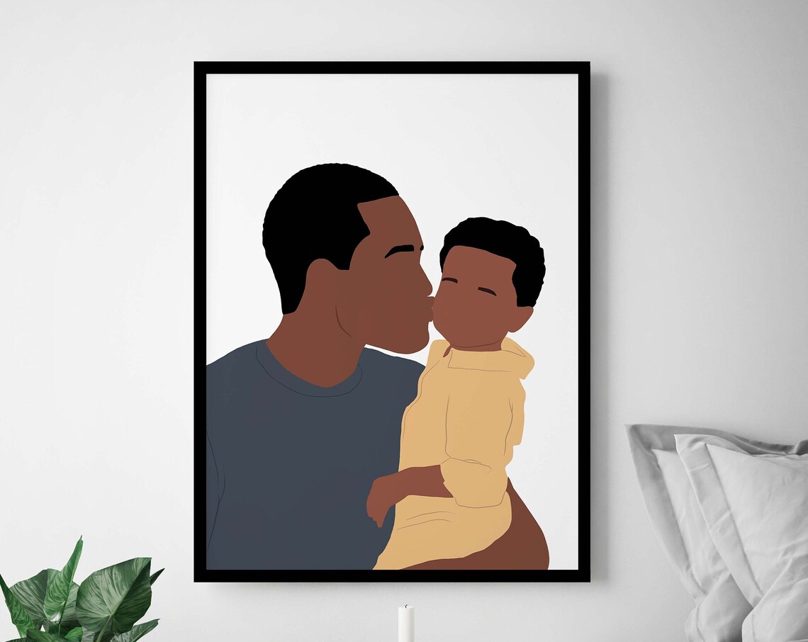 Black Father Kissing Son Minimalist Portrait Illustration Print