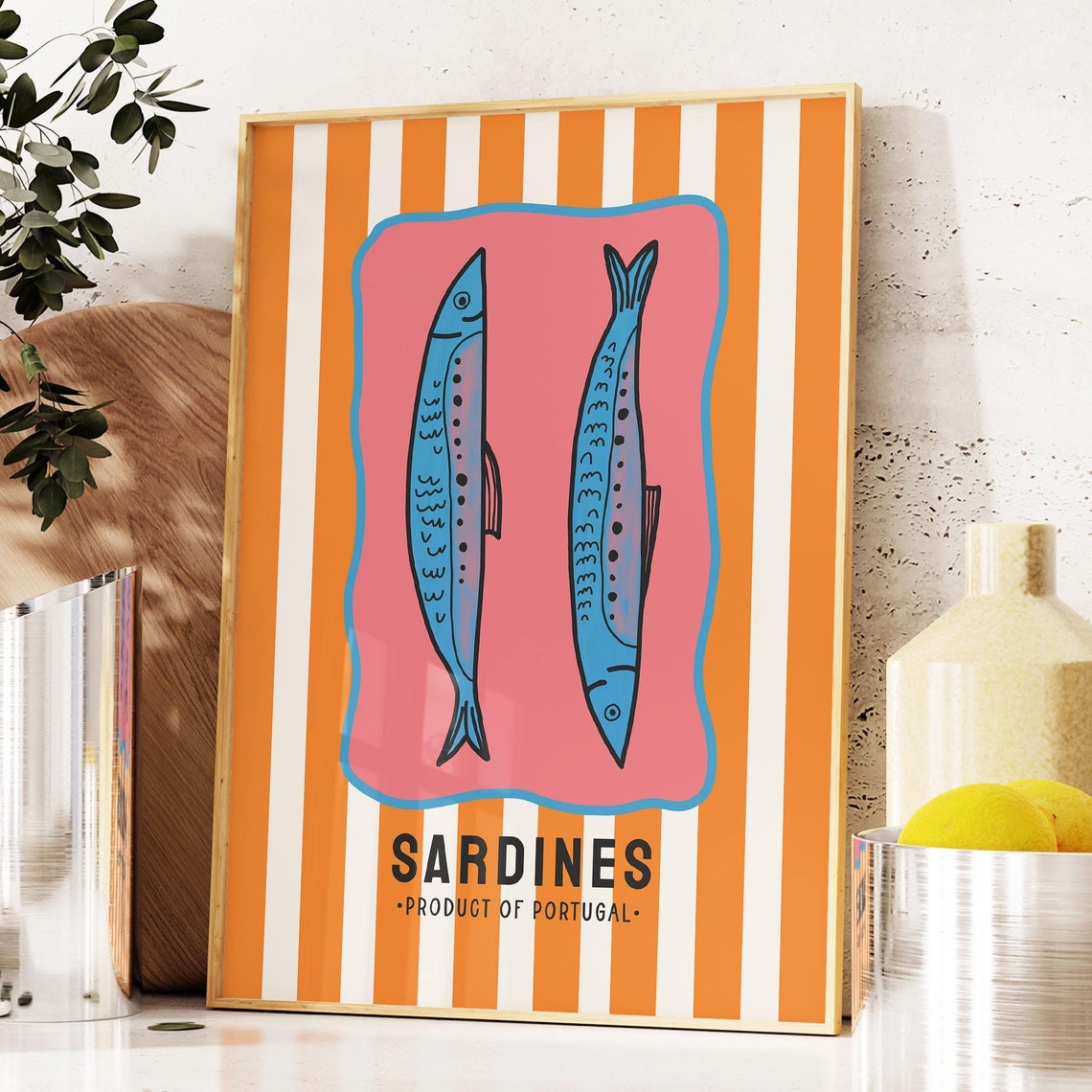 Sardines Product of Portugal Striped Coastal Kitchen Art Poster