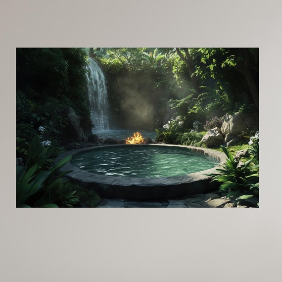Serene Forest Pool With Waterfall And Fire Pit Tranquil Jungle Oasis Wall Art Nature Inspired Home Decor For Relaxation