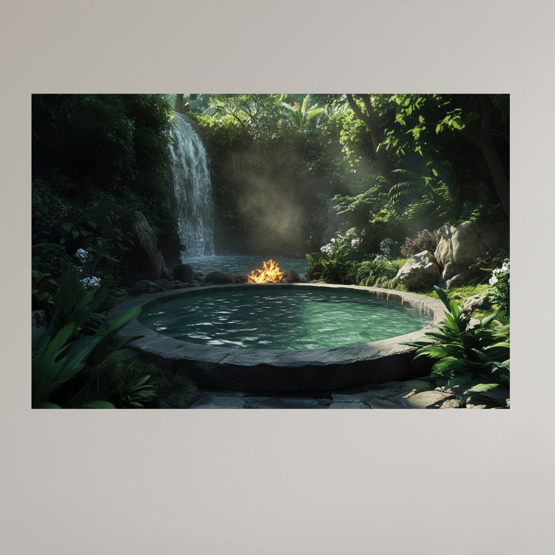 Serene Forest Pool Waterfall Fire Pit Tranquil Misty Grove Poster